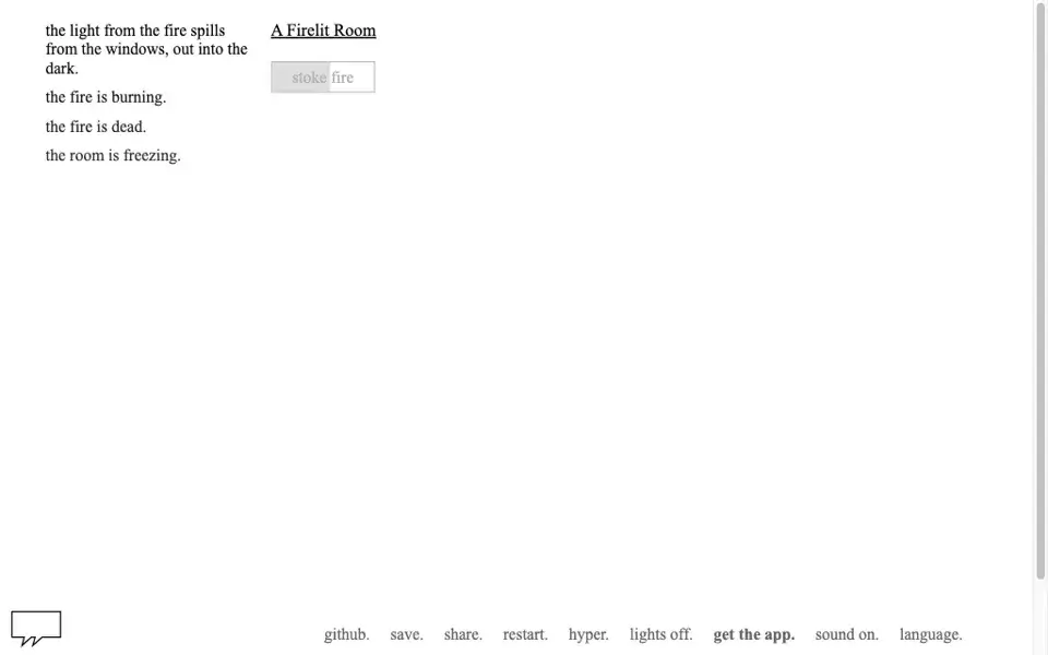A Dark Room browser screenshot after lighting the fire, with the A Firelit Room heading