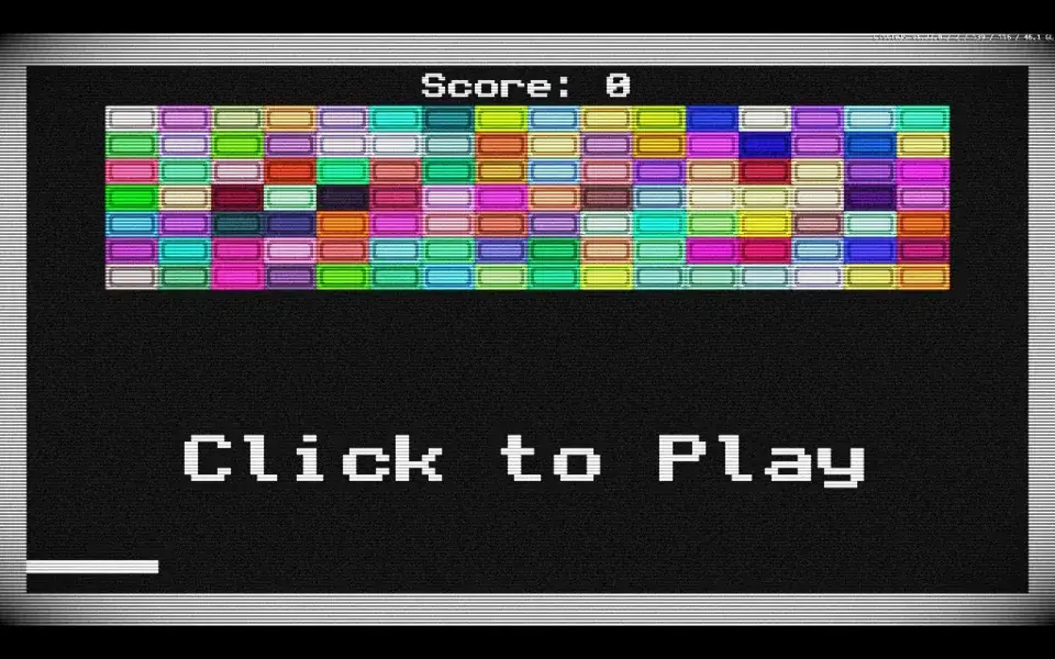 LittleJS Breakout browser start screen with colorful bricks, Score 0 and Click to Play