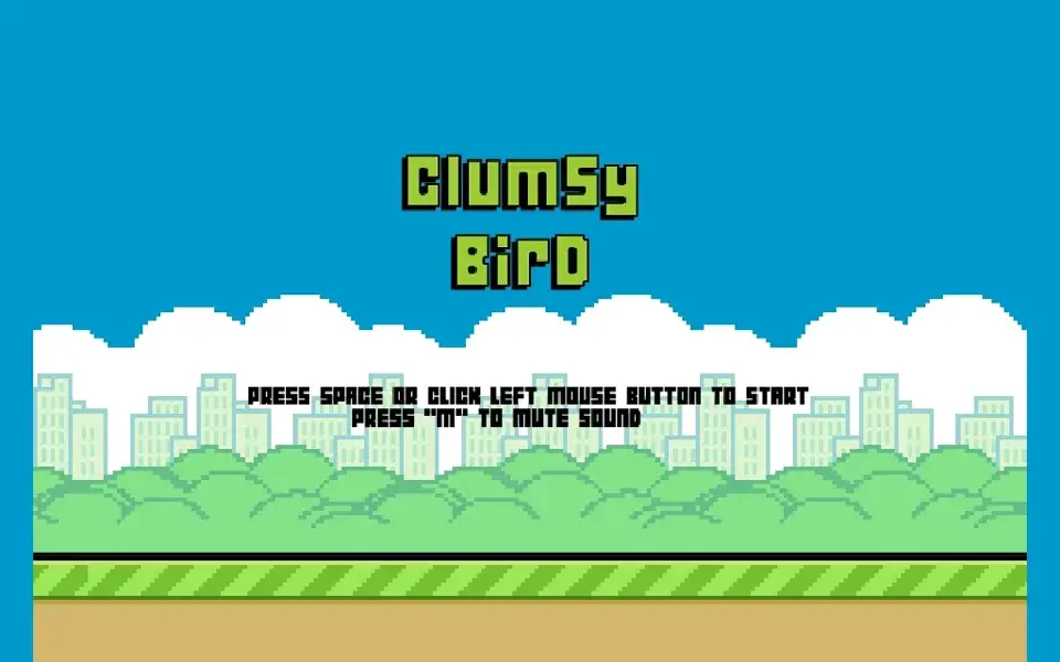 Clumsy Bird title screen with a city backdrop and Space or mouse-start instructions