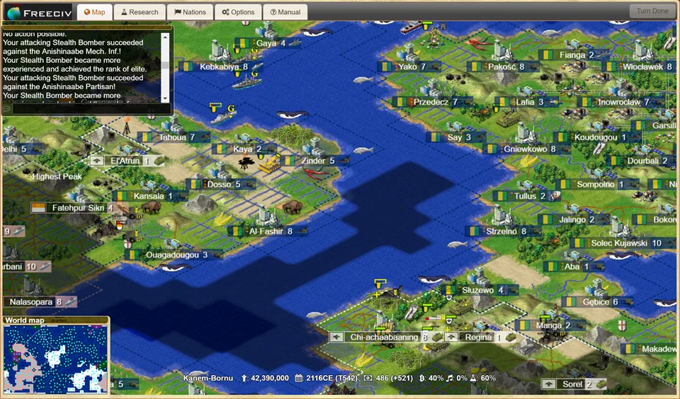 Freeciv Web project screenshot showing cities and units on an isometric island map