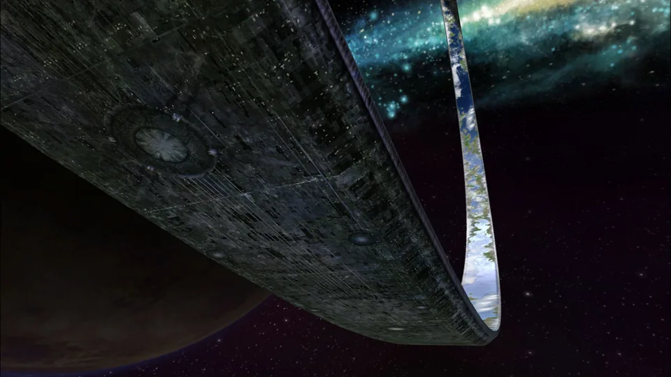 A Halo ring against a star field from the Halo CE Mobile project's background artwork