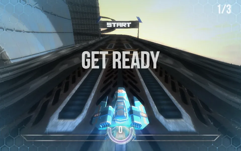 HexGL browser screenshot with a blue racing ship at the track's GET READY screen