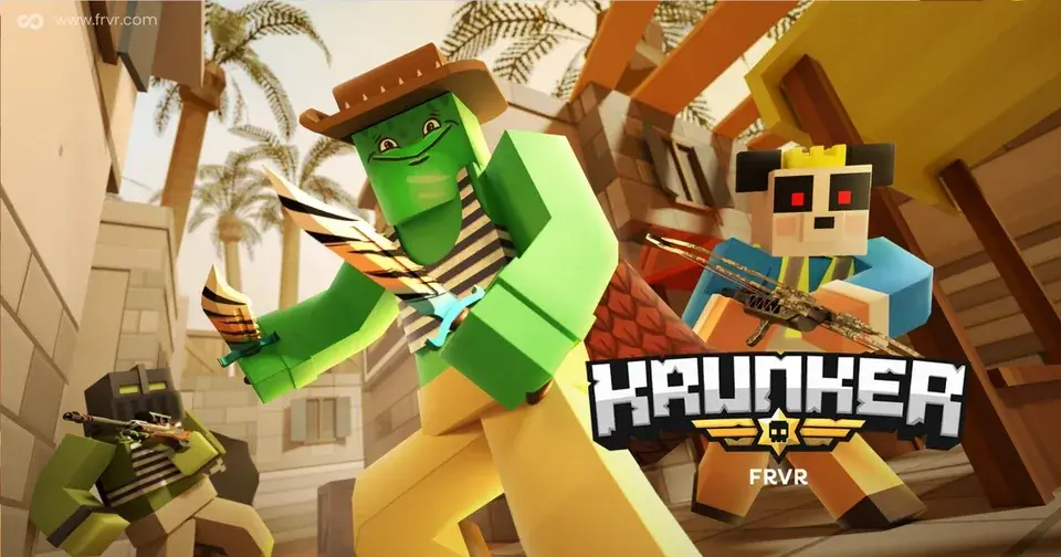 Krunker project artwork showing block-style characters carrying weapons on a desert map