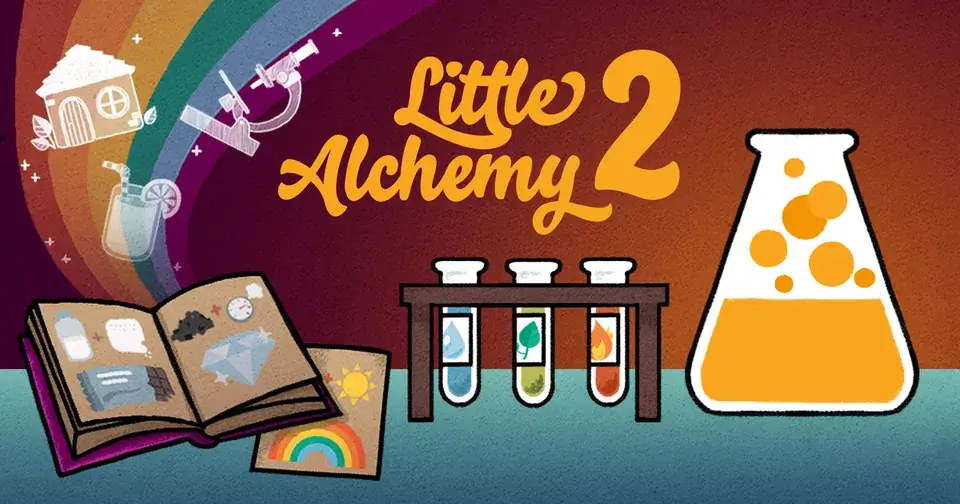 Little Alchemy 2 project artwork with a flask, test tubes and an illustrated discovery book