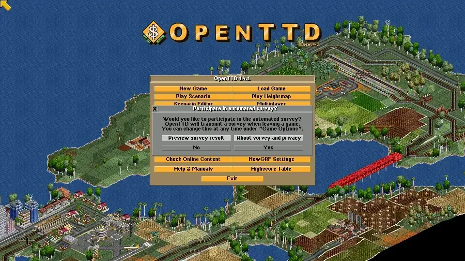 OpenTTD 14.1 browser menu over a landscape of railways, towns and waterways