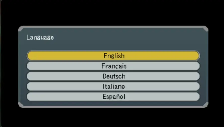 PES 6 browser project's PSP language-selection screen with English highlighted