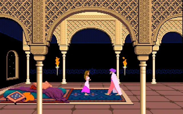 PrinceJS browser introduction showing the princess and Jaffar in the palace
