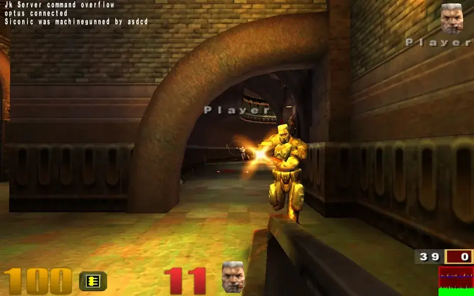 Quake III browser arena scene with a player firing in a stone corridor