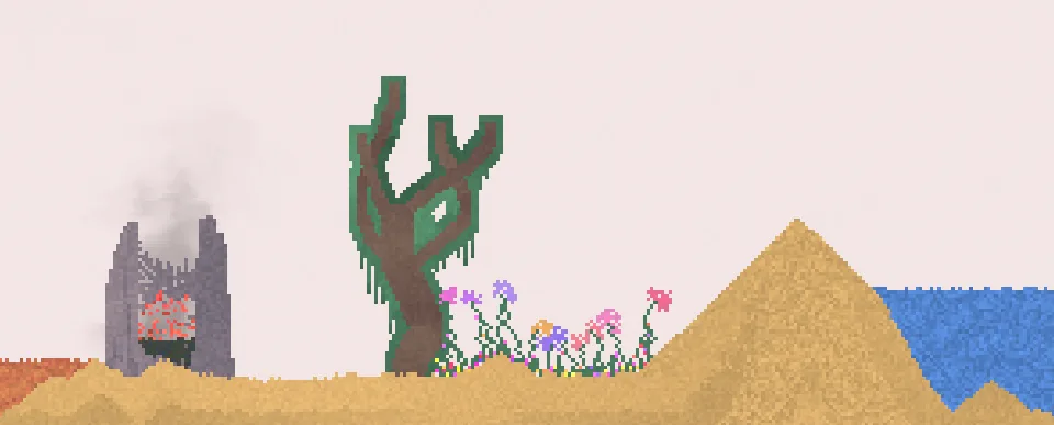 Sandspiel repository screenshot with sand, water, growing plants and burning material