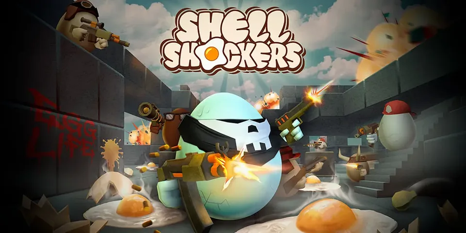 Shell Shockers artwork with armed egg characters fighting around stone walls