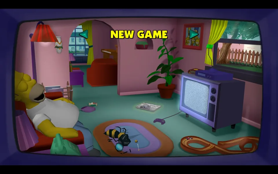 The Simpsons Hit and Run browser New Game menu with Homer in his living room