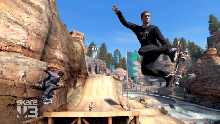 Skate 3 publisher image showing a skateboarder jumping above a ramp in Port Carverton
