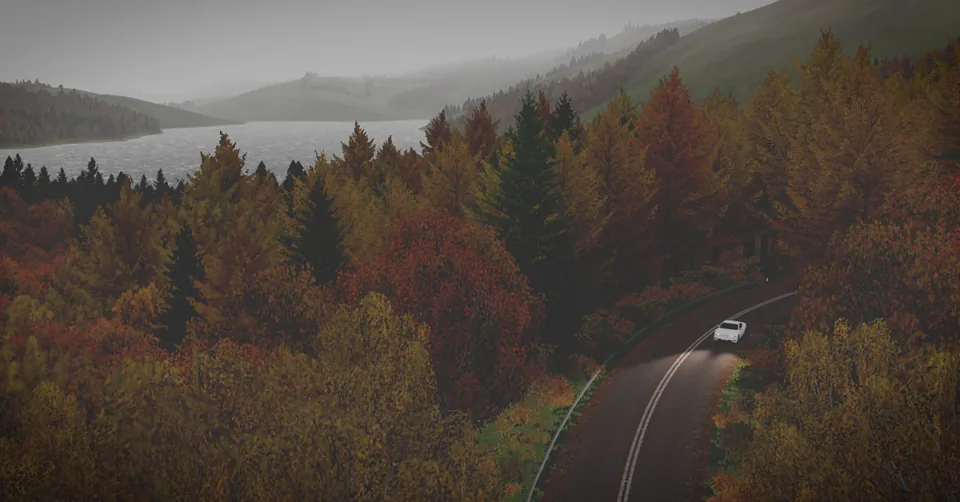 Slow Roads social-preview image of a winding road through an autumn landscape