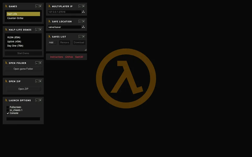 webXash browser launcher with settings and the Half-Life lambda emblem