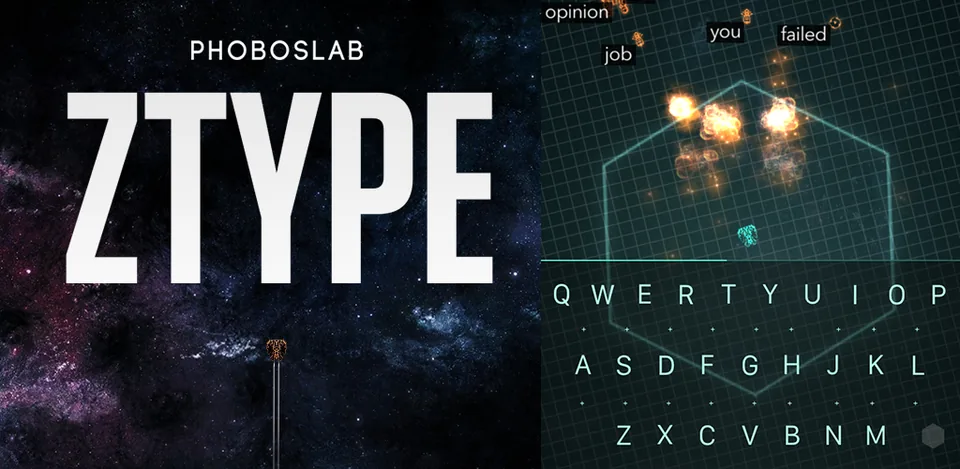 ZType project artwork showing the title, word targets, spacecraft and keyboard letters